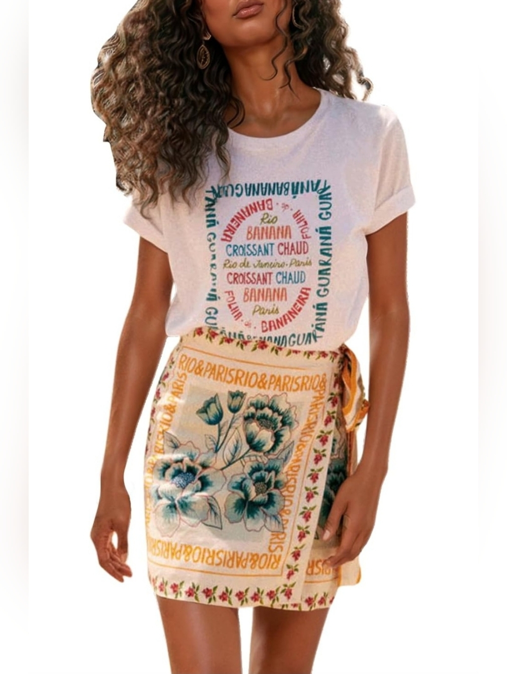 Floral Printed Wrap Mini Skirt in Cream and Teal XS